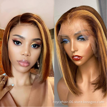 Cheap P4/27 Ombre Hair Lace Wigs For Women,Highlight Brazilian Raw Human Hair Transparent T Shape Lace Front Wig With Baby Hair